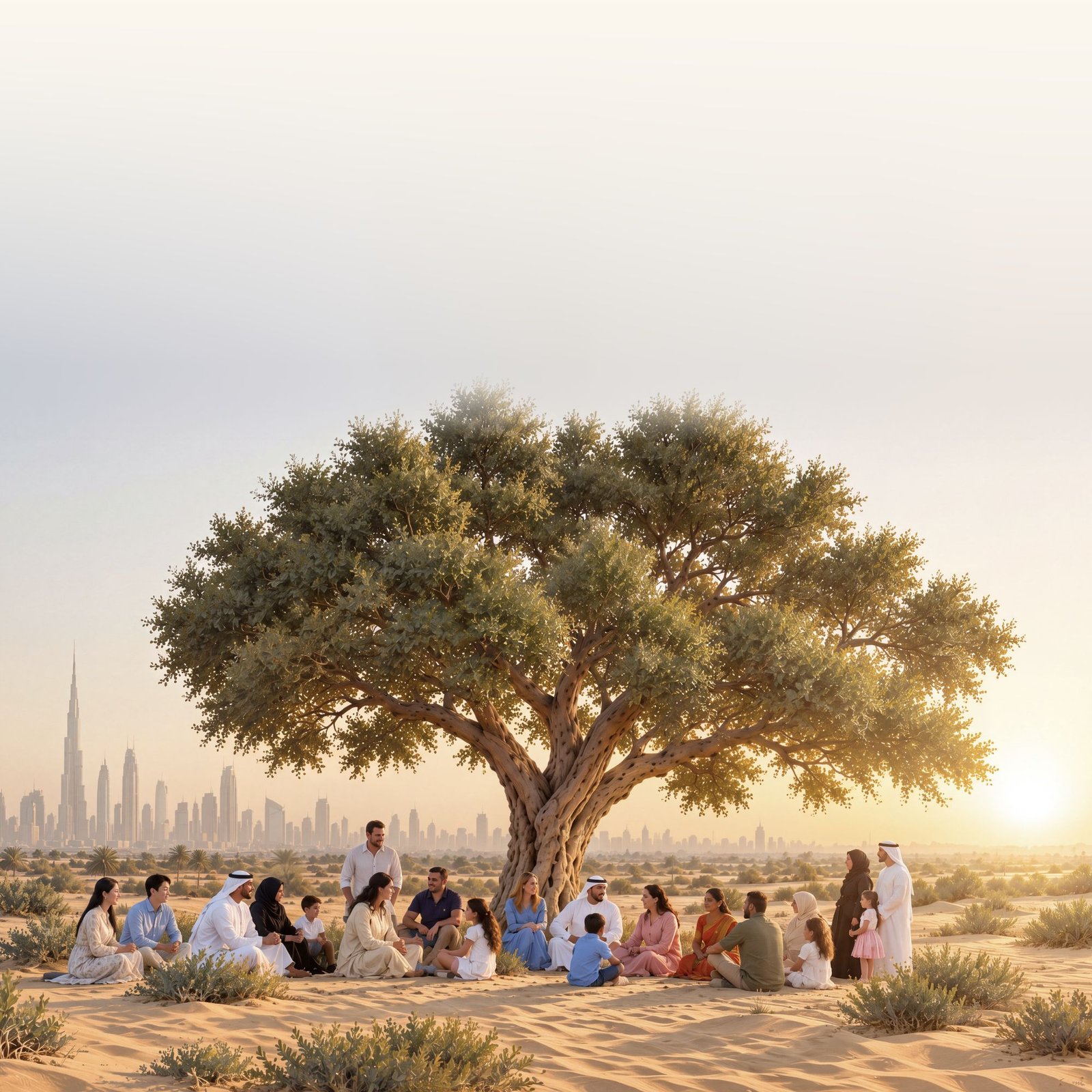 The Million Pixel Wall artwork: families from around the world under a Ghaf tree with the Dubai skyline